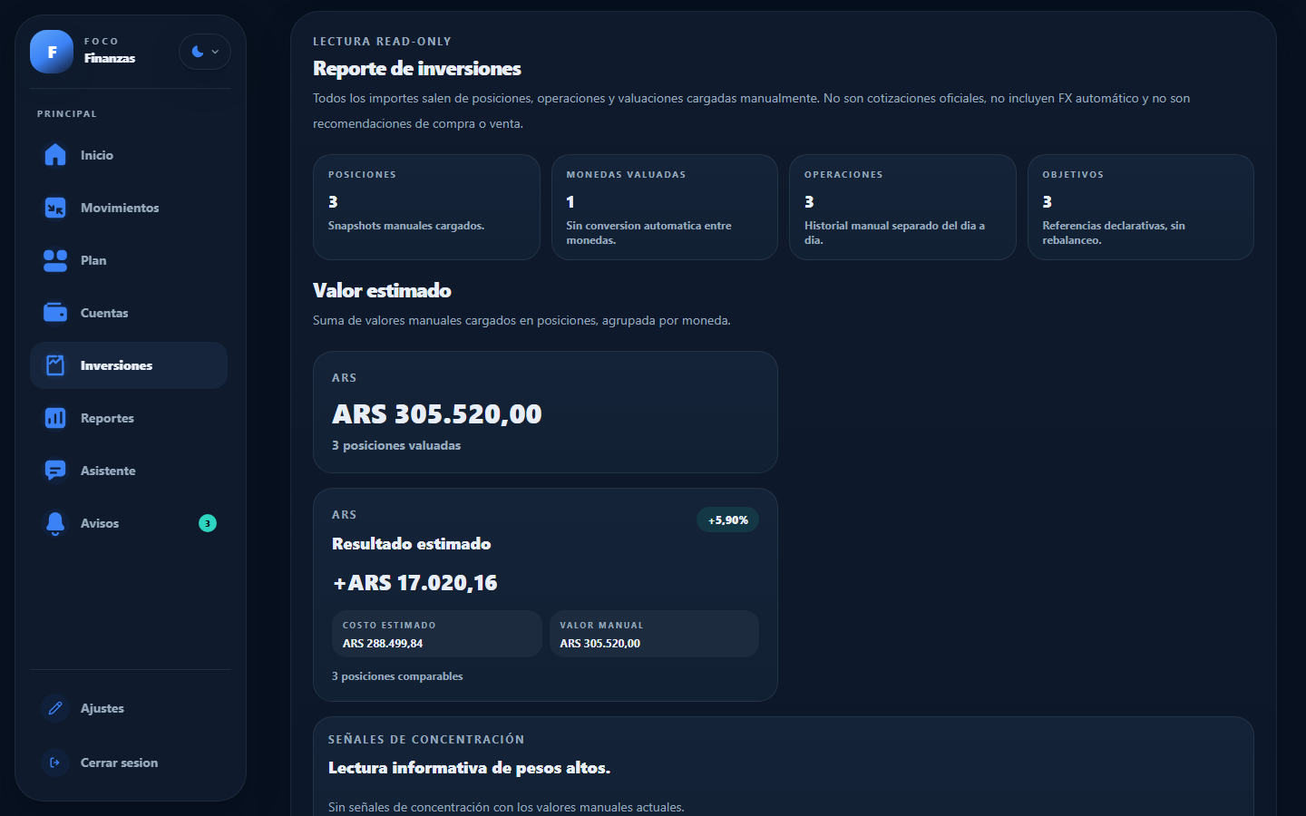 Reporte de inversiones de Foco con posiciones, valuación y resultado estimado del escenario sintético.
