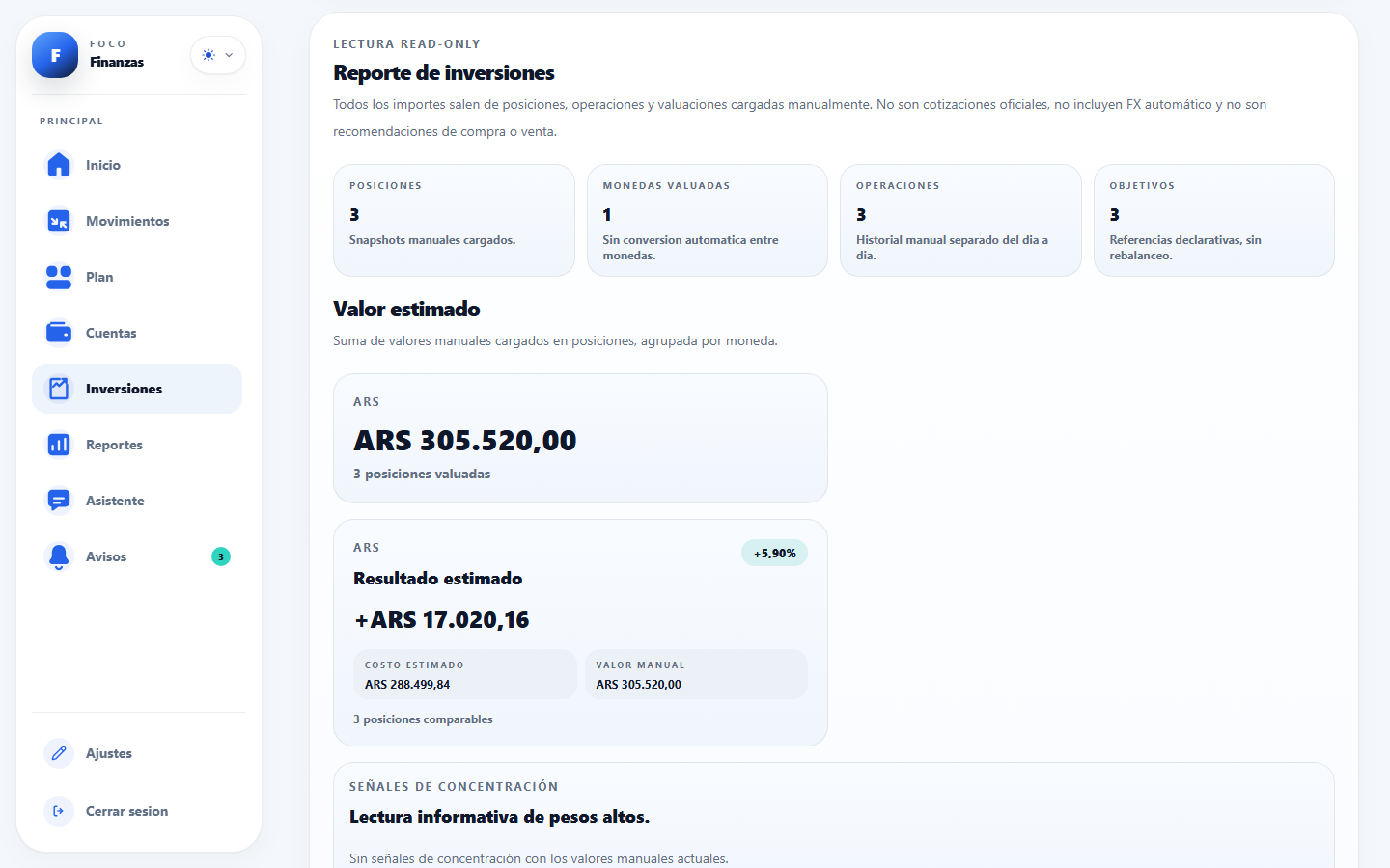 Reporte de inversiones de Foco con posiciones, valuación y resultado estimado del escenario sintético.
